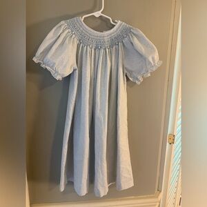 Anavini Hand Smocked Cotton Dress Blue Floral Puff Sleeve Girls Size 6